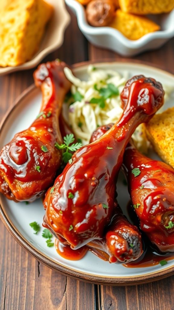 Delicious barbecue chicken drumsticks on a plate with parsley, coleslaw, and cornbread.